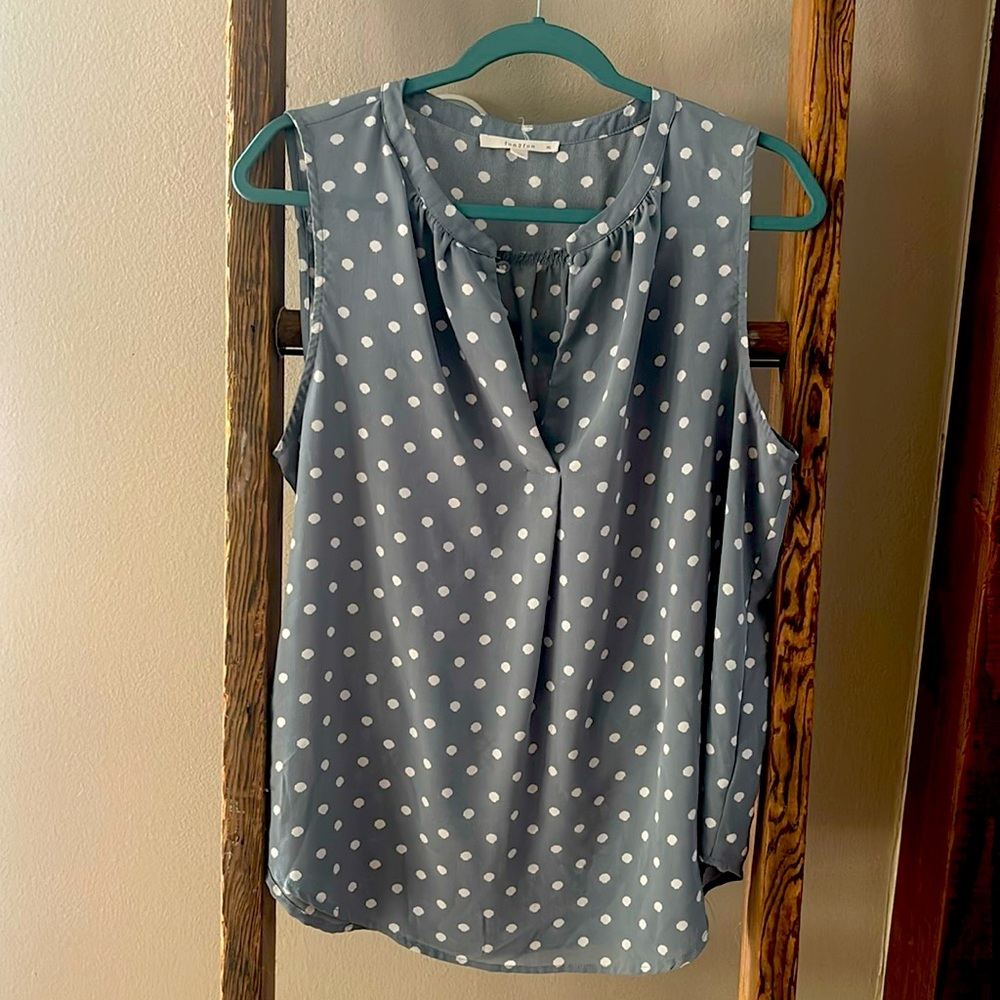Fun 2 Fun grey tank blouse with white abstract polka dots.